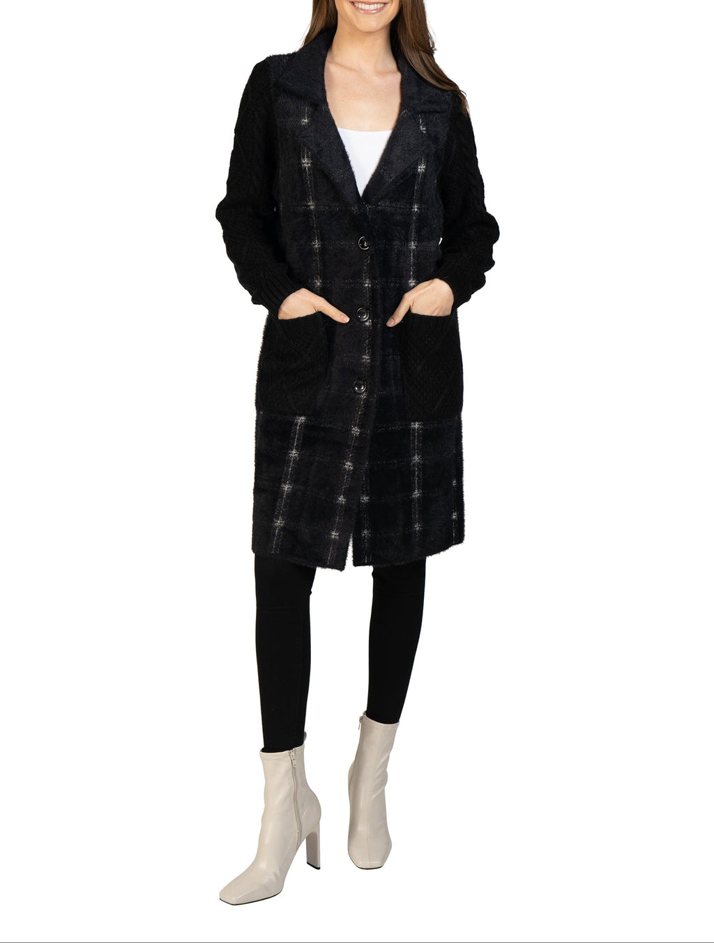 Plaid Cardigan with Knitted Sleeves