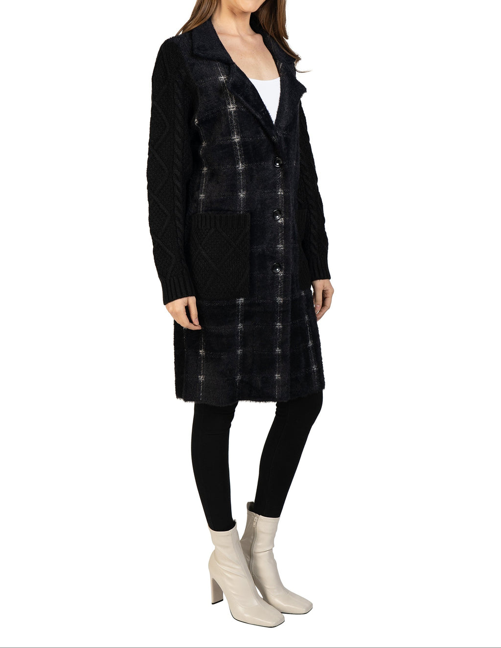 Plaid Cardigan with Knitted Sleeves