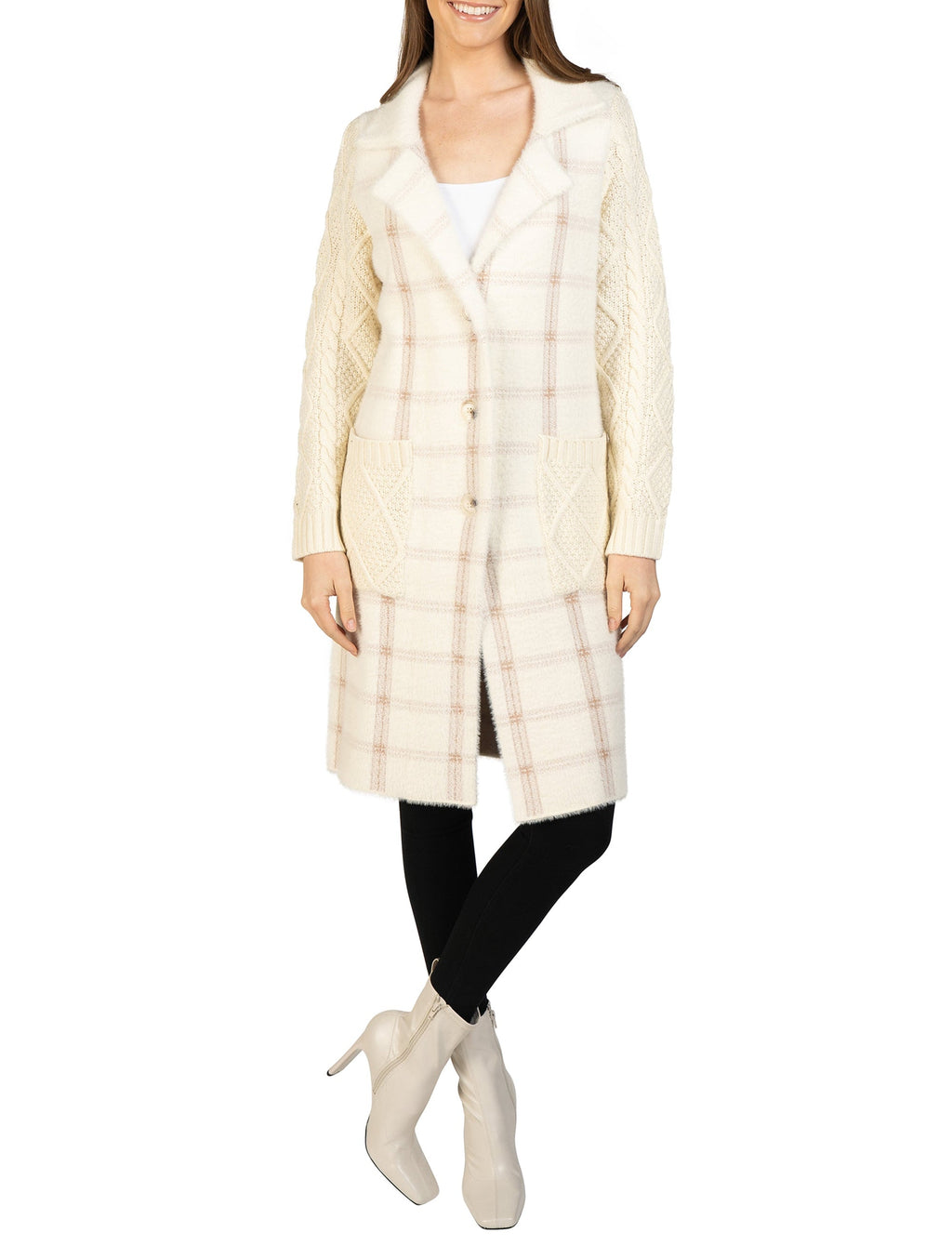 Plaid Cardigan with Knitted Sleeves