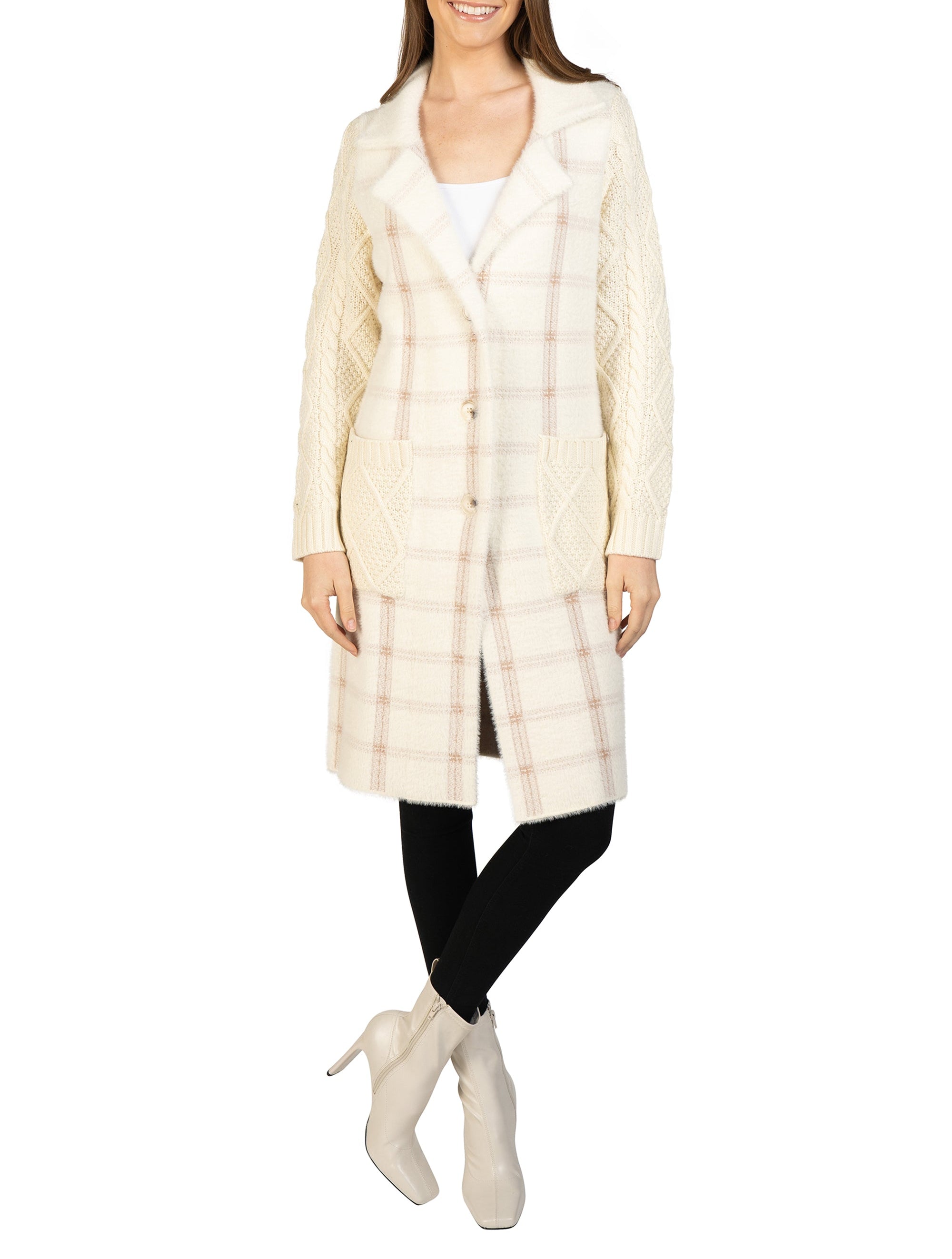 Plaid Cardigan with Knitted Sleeves
