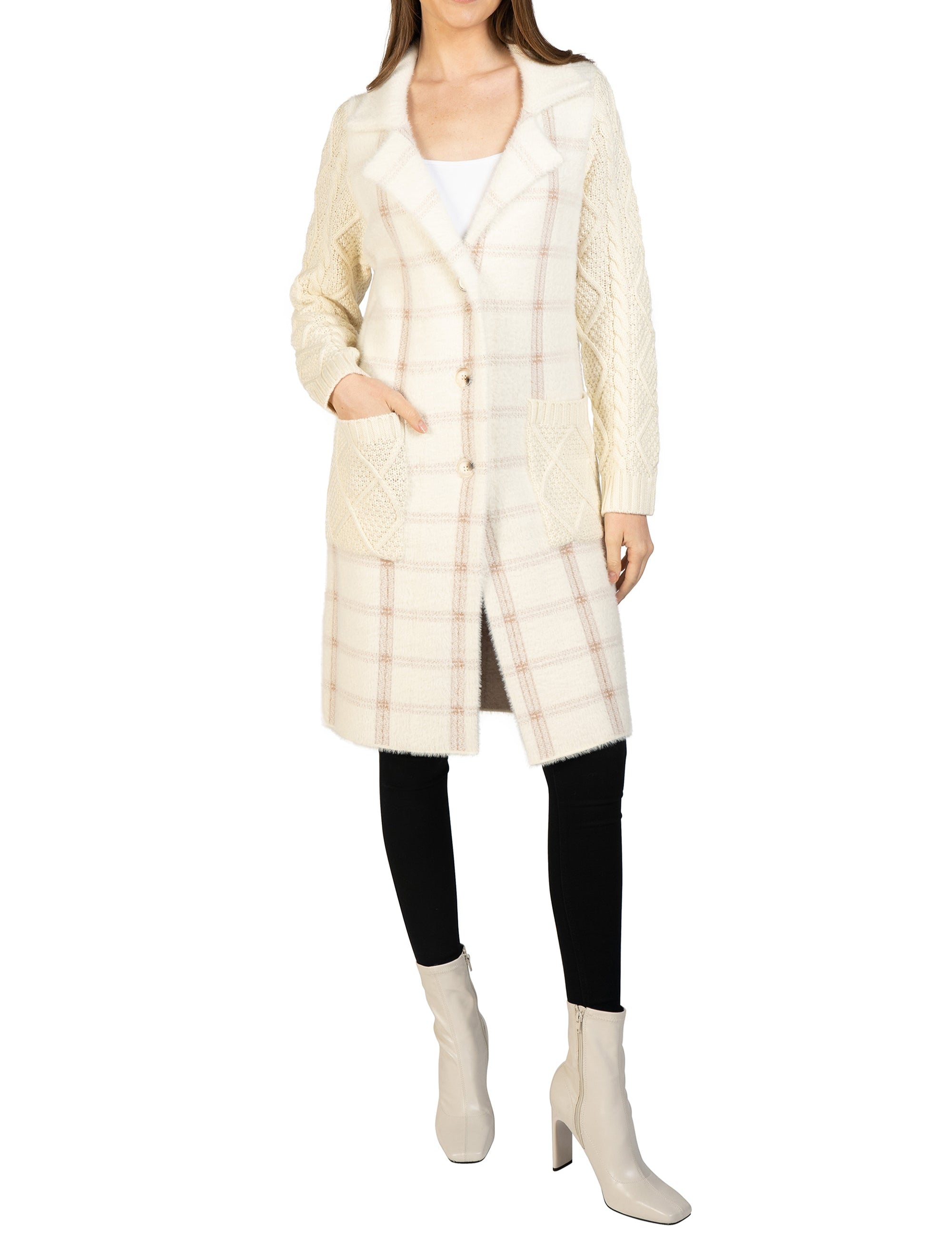 Plaid Cardigan with Knitted Sleeves