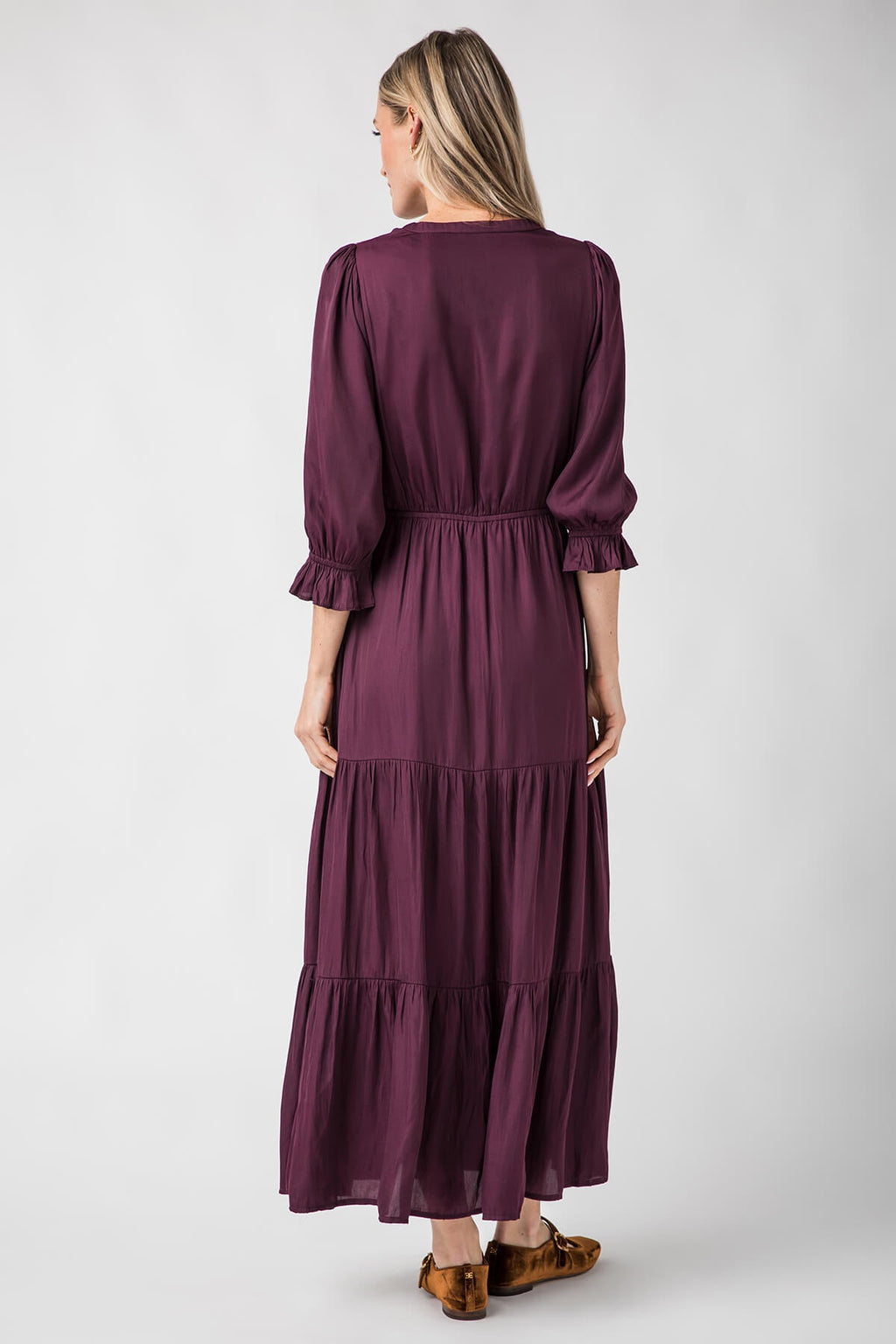 Skies Are Blue Split Neck Ruffle Maxi Dress